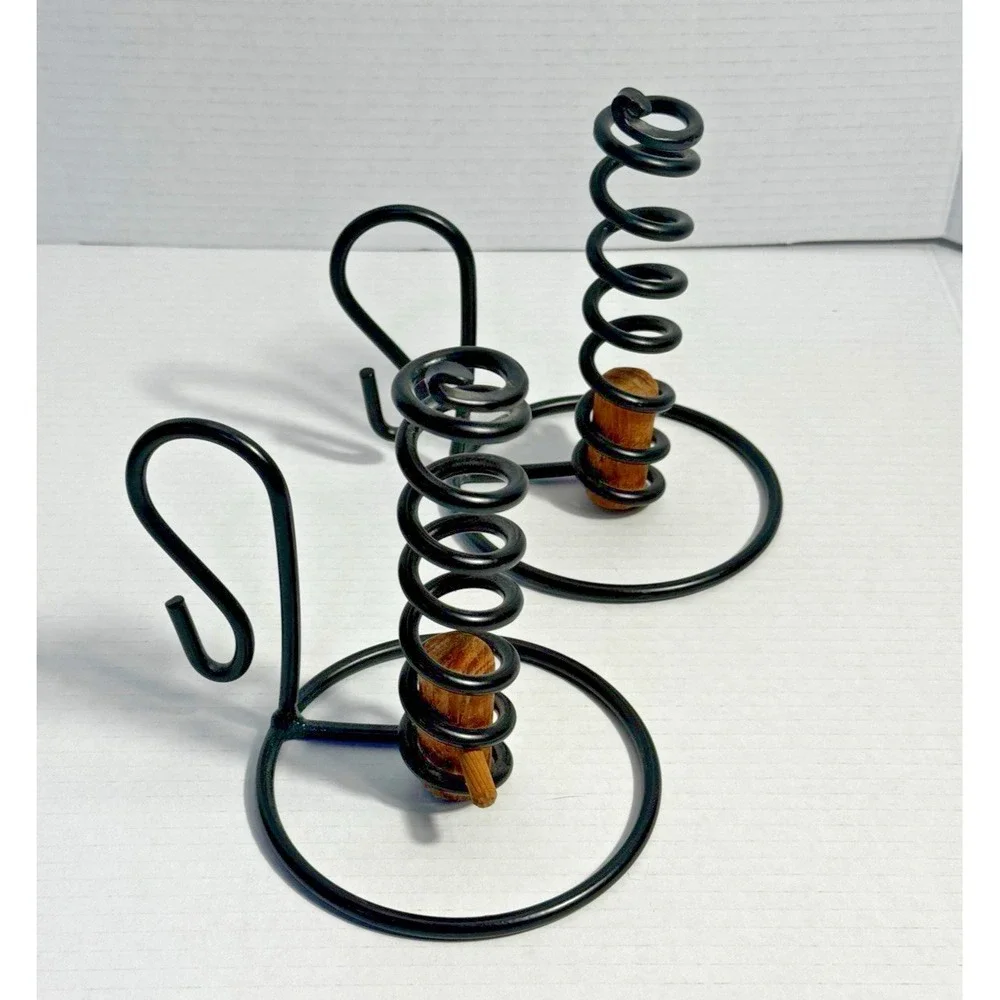 Vintage Wrought Iron Spiral Courting Candle Holder Set Black Metal Wood 7in